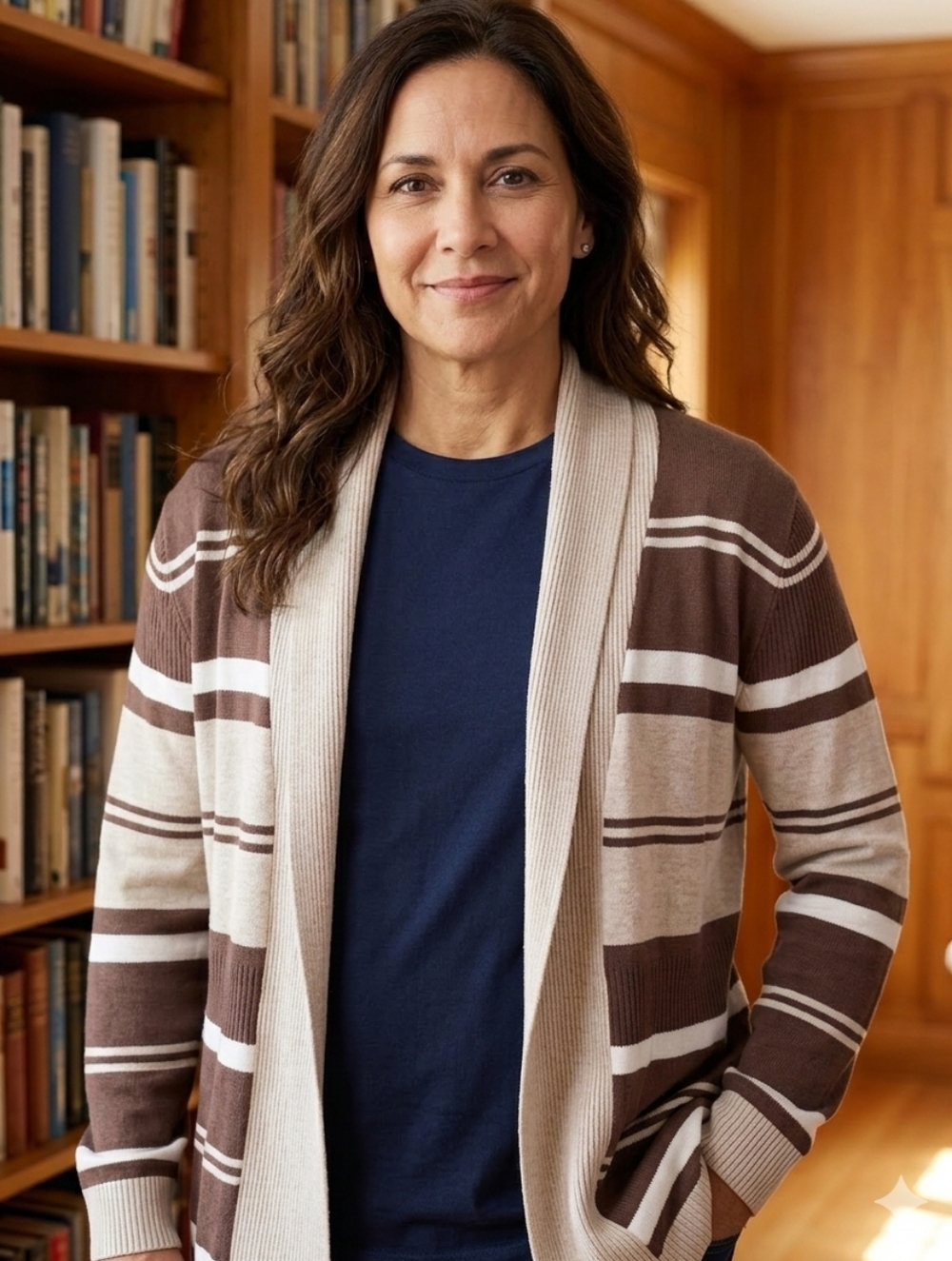 Northcrest Brown and Cream Striped Shawl Collar Cardigan
